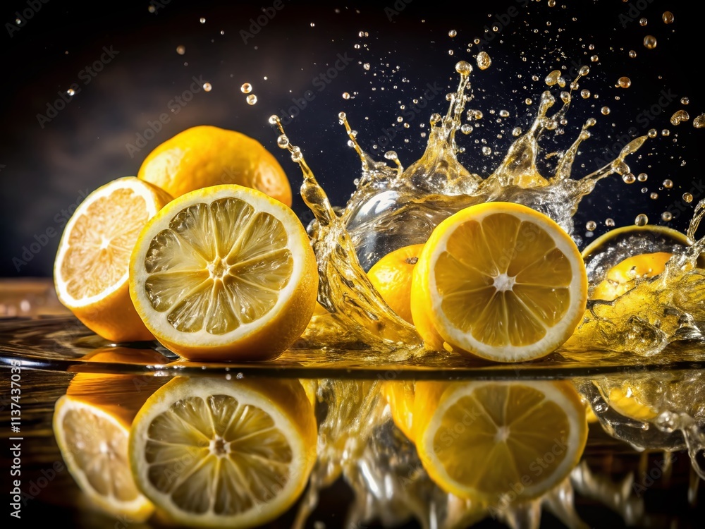 Captivating Low Light Photography of Fresh Yellow Lemon Slices with Splashing Water for a Vibrant Culinary Experience Captivating Low Light Photography of Fresh Yellow Lemon Slices with Splashing Water for a Vibrant Culinary Experience