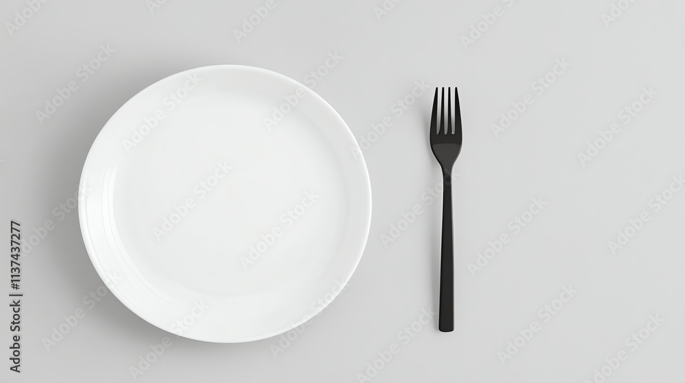 A white plate with a black fork on a white background. A white plate with a black fork on a white background.
