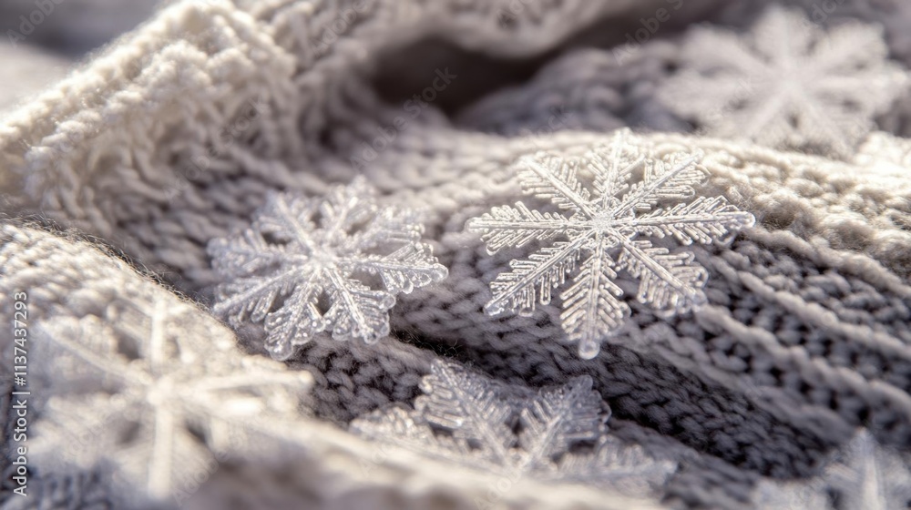 A close-up of a knitted fabric adorned with delicate snowflake patterns. A close-up of a knitted fabric adorned with delicate snowflake patterns.