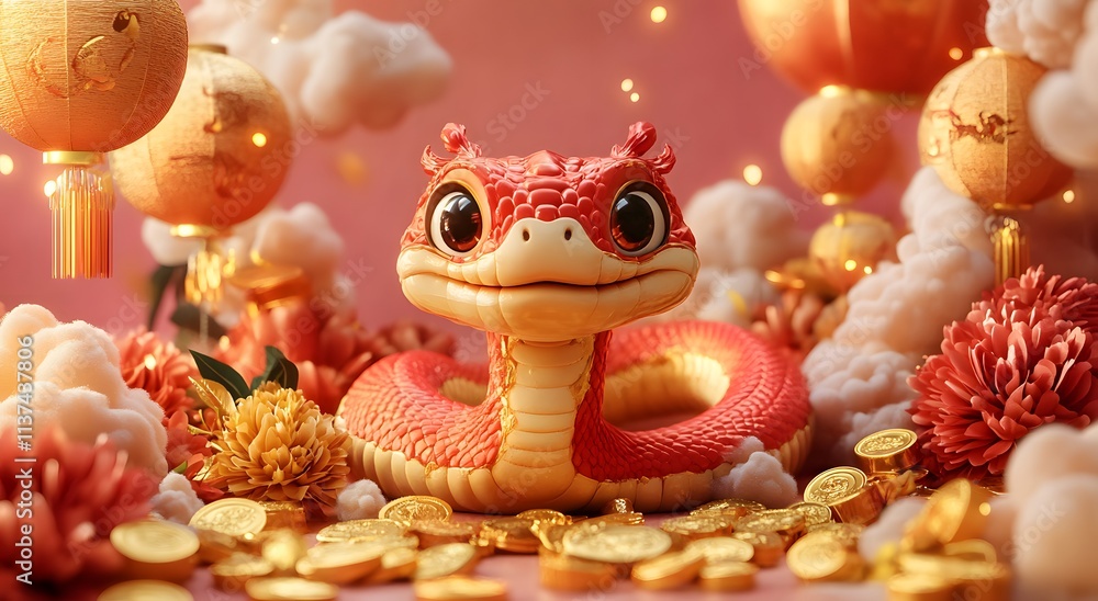 Adorable Red Snake Amidst Festive Chinese Lanterns and Gold Adorable Red Snake Amidst Festive Chinese Lanterns and Gold