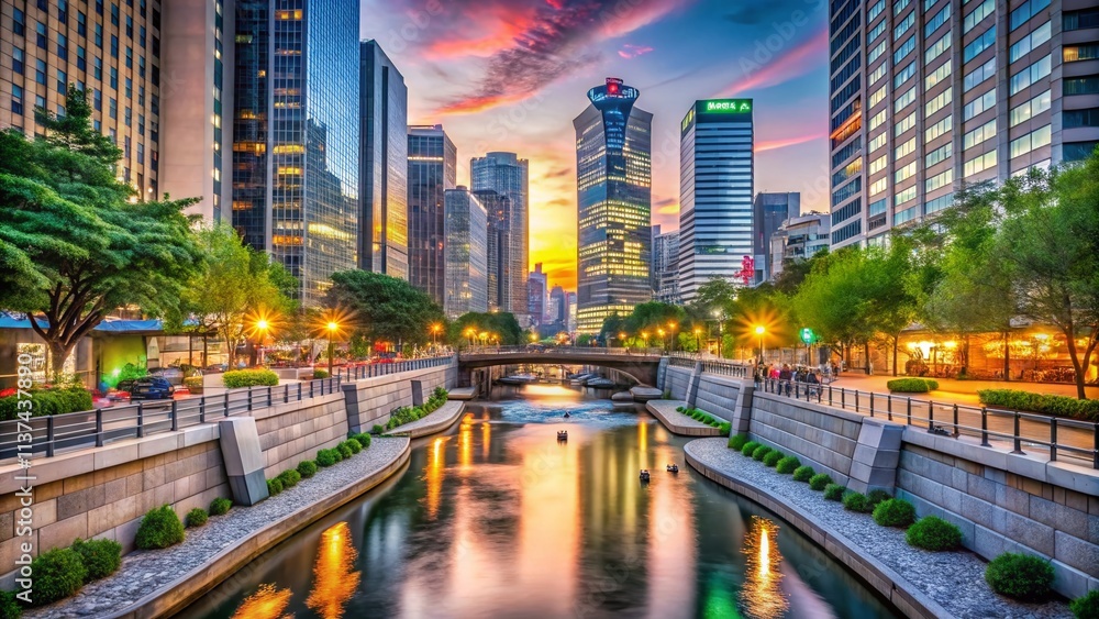 Obraz premium Captivating Product Photography of Cheonggyecheon River in the Heart of Seoul, Featuring Stunning Skyscrapers and a Vibrant Cityscape at Dusk