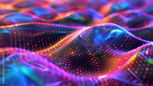 Abstract digital waves with vibrant colors and glowing dots.