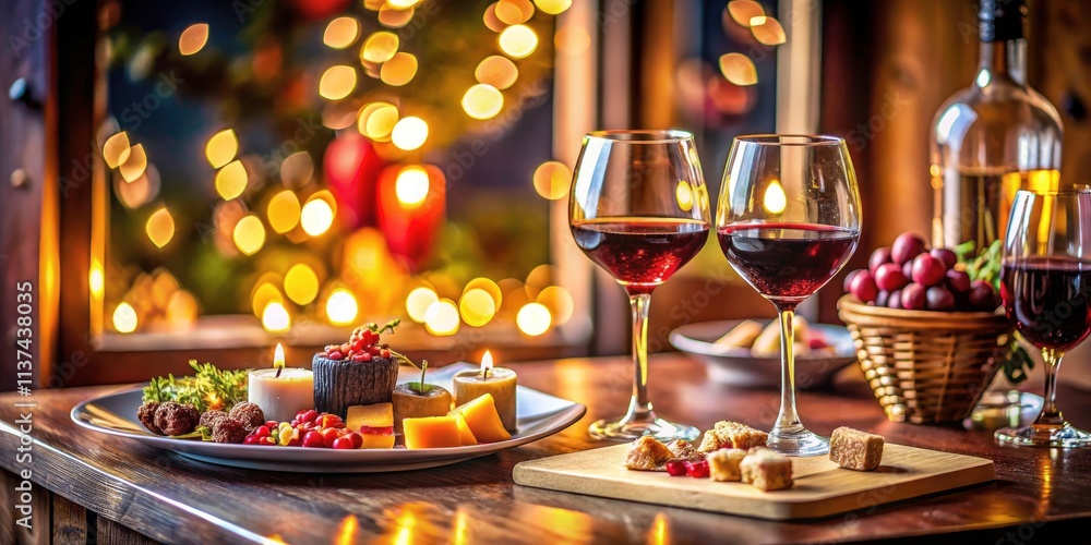 Cozy Intimate Dining Setup with Wine and Snacks - Macro Photography of a Small Table Setting, Ideal for Romantic Evenings, Dinner Parties, and Culinary Delights Cozy Intimate Dining Setup with Wine and Snacks - Macro Photography of a Small Table Setting, Ideal for Romantic Evenings, Dinner Parties, and Culinary Delights