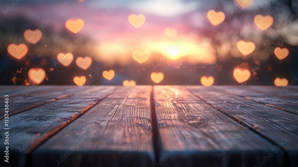 Wooden Tabletop Sunset Bokeh Heart Background Wooden Tabletop Sunset Bokeh Heart Background