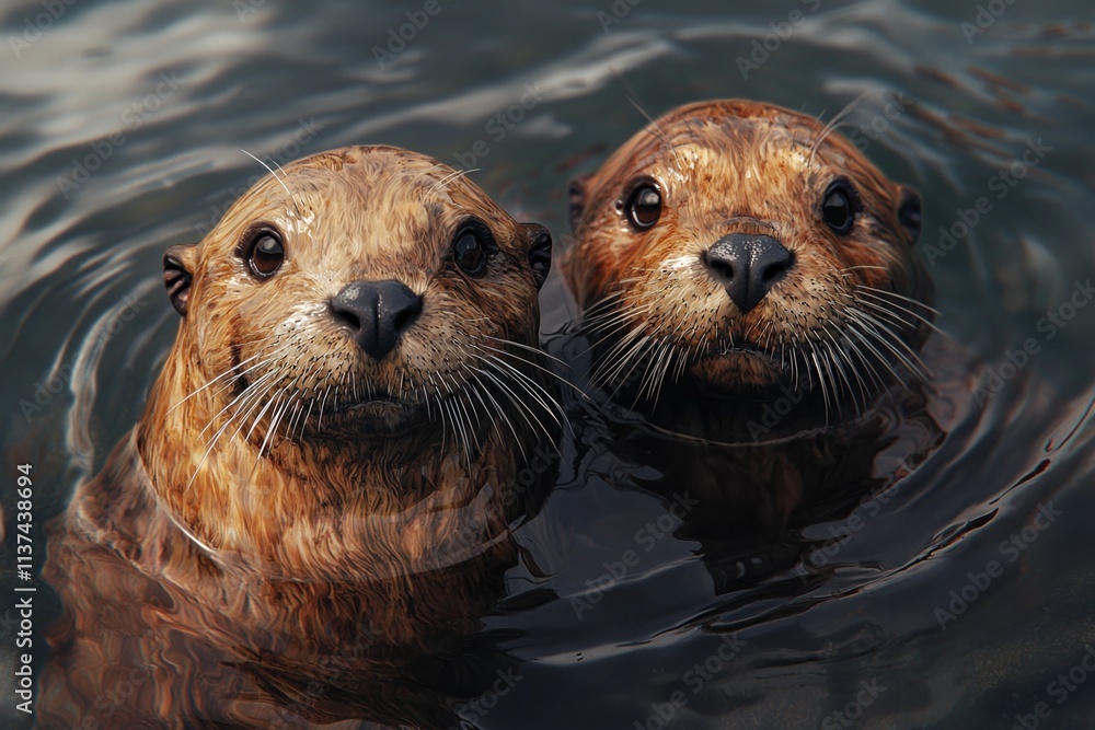 oil spill coastal concept. Two curious otters peek above the water's surface, showcasing their adorable faces and whiskers in a serene aquatic environment. oil spill coastal concept. Two curious otters peek above the water's surface, showcasing their adorable faces and whiskers in a serene aquatic environment.
