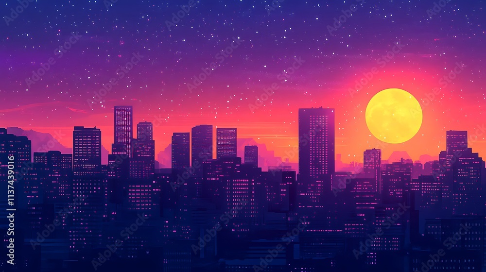 Obraz premium Stunning Night Cityscape with a Giant Yellow Moon Perfect for Retro Futuristic Designs, Cyberpunk Art, and City Themed Projects