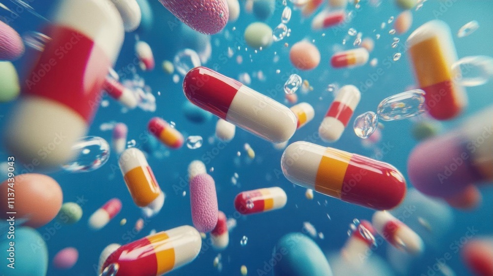 Colorful capsules and tablets floating in a blue background. Colorful capsules and tablets floating in a blue background.