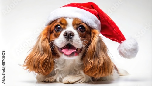 Cute Cavalier King Charles Spaniel Dog in Santa Hat on White Background â€“ Festive Pet Photography, Aerial View, Holiday Spirit, Dog Lover, Christmas Cheer, Adorable Pooch photo