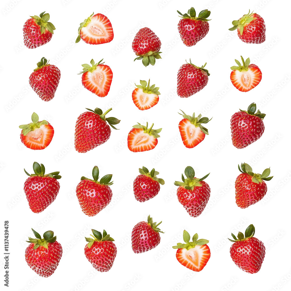 Fresh red strawberries with green leaves isolated on a white background, arranged in a grid pattern, including a sliced piece. Concept: fresh fruit, healthy eating.
Fresh red strawberries with green leaves isolated on a white background, arranged in a grid pattern, including a sliced piece. Concept: fresh fruit, healthy eating.