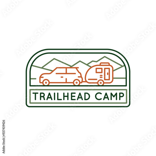 Simple Logo with Trailhead icon. Simple Logo with a travel trailer, ideal for showcasing themes of travel and mobile living. Perfect for use in apps, websites, or print materials. Vector illustration.