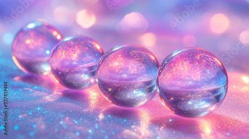 Iridescent spheres rest on a glittering surface