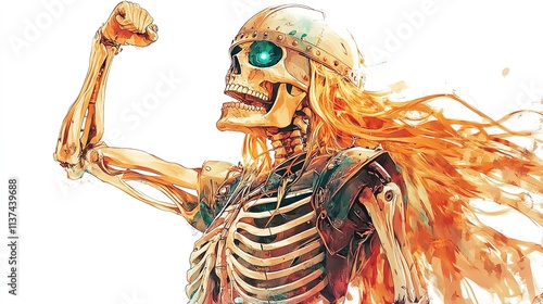 Skeleton warrior with fiery hair, captured in a dynamic pose, white isolate background photo