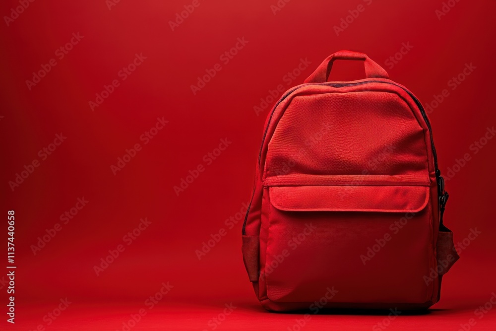 Fototapeta premium Red backpack on red background; perfect for school, travel, or promotional material. Illustrates simplicity, vibrancy, and potential.