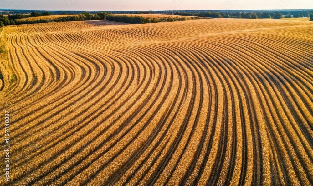 Aerial view of golden fields with rhythmic patterns of harvested crops. Aerial view of golden fields with rhythmic patterns of harvested crops.