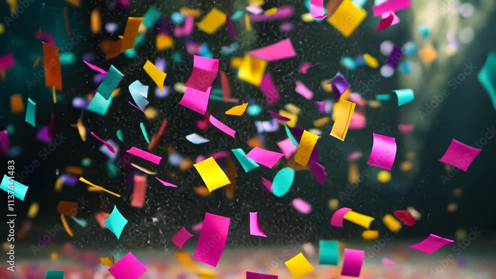 A vibrant assortment of confetti is seen soaring through the air, creating a lively and celebratory atmosphere, A whirlwind of multi-colored confetti right after the stroke of midnight A vibrant assortment of confetti is seen soaring through the air, creating a lively and celebratory atmosphere, A whirlwind of multi-colored confetti right after the stroke of midnight
