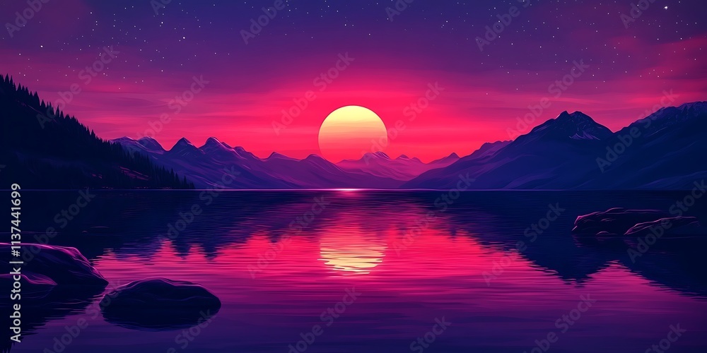 Serene Sunset Landscape Breathtaking View of Mountains and Lake at Dusk Ideal for travel brochures,websites Serene Sunset Landscape Breathtaking View of Mountains and Lake at Dusk Ideal for travel brochures,websites