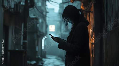 Woman standing in a lonely place Standing and pressing a smartphone photo