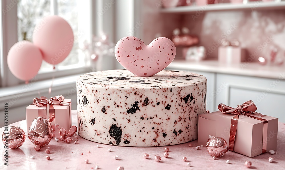 Pink Cake Decorated With Heart And Gifts Pink Cake Decorated With Heart And Gifts