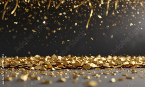 Close up of gold confetti on elegant celebration banner, elegant, party