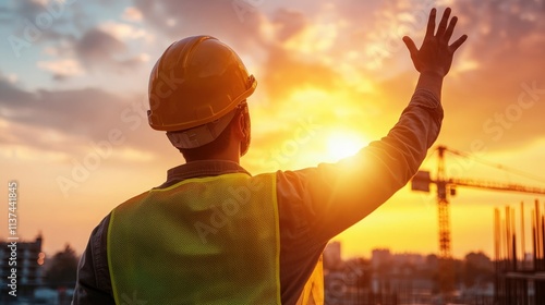 Construction worker waving at sunset, silhouette against vibrant sky, cranes in background, dramatic lighting, symbol of progress and teamwork in urban development