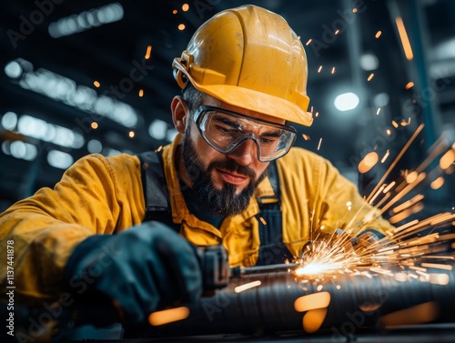 Skilled male welder in yellow helmet and protective gear working diligently with sparks flying in a modern industrial workshop demonstrating craftsmanship and precision photo