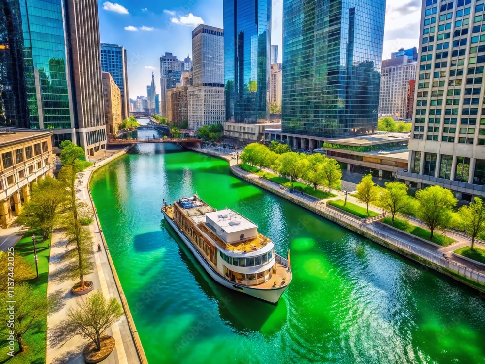 Fototapeta premium Chicago Riverboat Tour, Aerial View, Green River, Reflection, Downtown Chicago, Cityscape, Architecture, Summer, Boats, Dock, River Tour, Chicago Skyline, Illinois, USA, Travel Photography