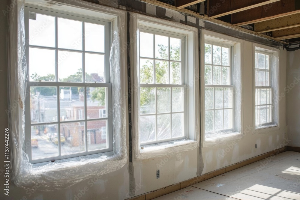Three windows covered for renovation in a bright, unfinished room. Three windows covered for renovation in a bright, unfinished room.