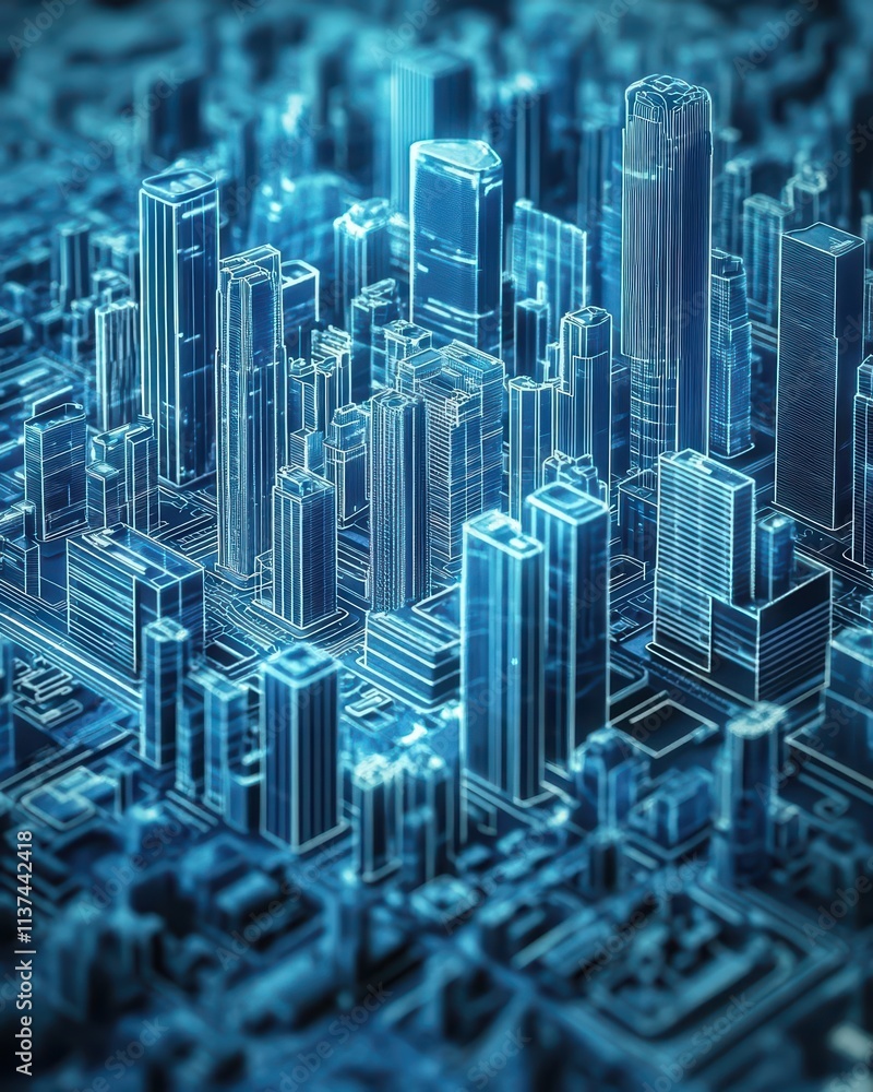 A futuristic cityscape with glowing, digital skyscrapers and structures. A futuristic cityscape with glowing, digital skyscrapers and structures.