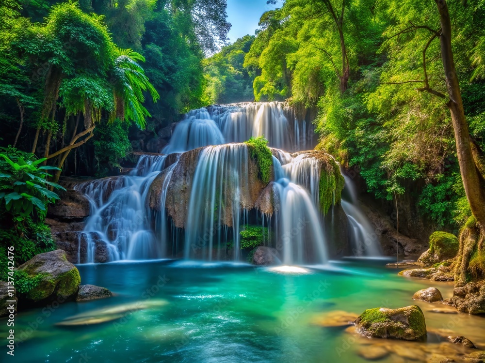 Obraz premium Chok KraDin Waterfall Kanchanaburi Thailand Stunning Nature Photography - Majestic Cascade, Lush Rainforest, Scenic View