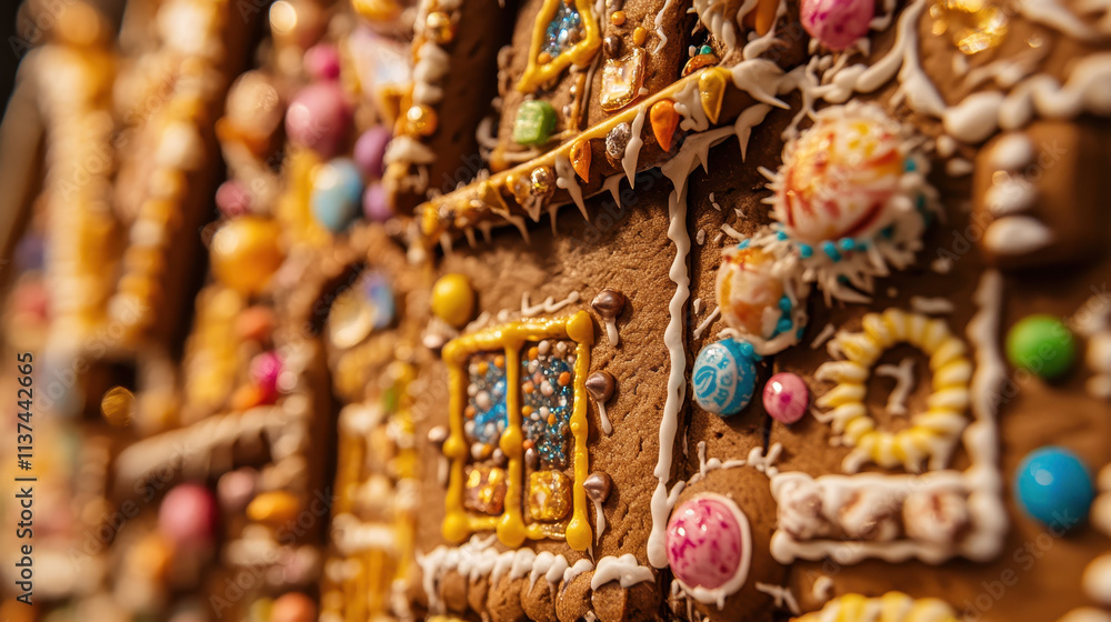 A Close-Up View of an Ornate and Delicious Gingerbread House Decorated with Colorful Candies and Icings A Close-Up View of an Ornate and Delicious Gingerbread House Decorated with Colorful Candies and Icings