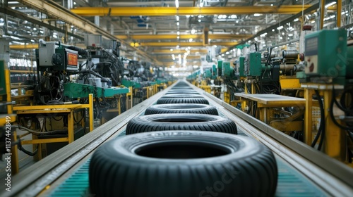A manufacturing facility with tires on a conveyor belt for production.