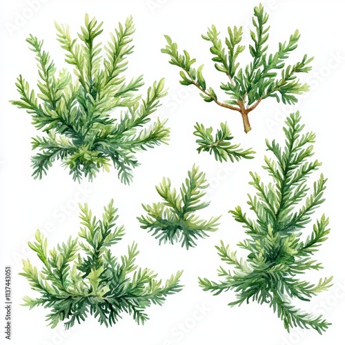 Watercolor Illustration of English Yew Tree from Top View, Isolated on White Background, for Botanical, Gardening, or Nature-Themed Designs Generative AI