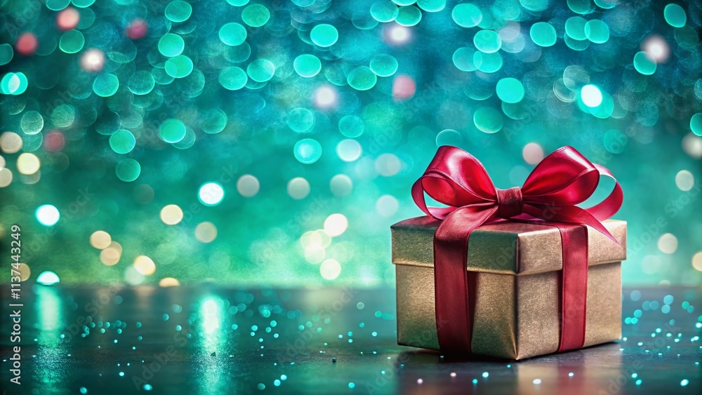Christmas Gift Box, Turquoise Bokeh Background, Holiday Greeting Card, Festive Present, Bow Ribbon, Xmas Gift Christmas Gift Box, Turquoise Bokeh Background, Holiday Greeting Card, Festive Present, Bow Ribbon, Xmas Gift