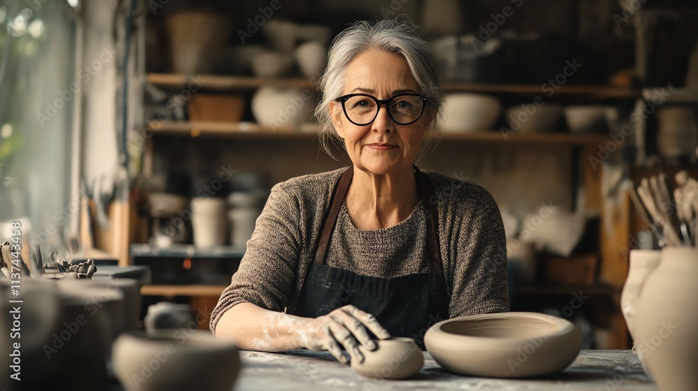 Fototapeta premium A senior woman wearing glasses and a sweater is looking at the camera while working on a pottery project.