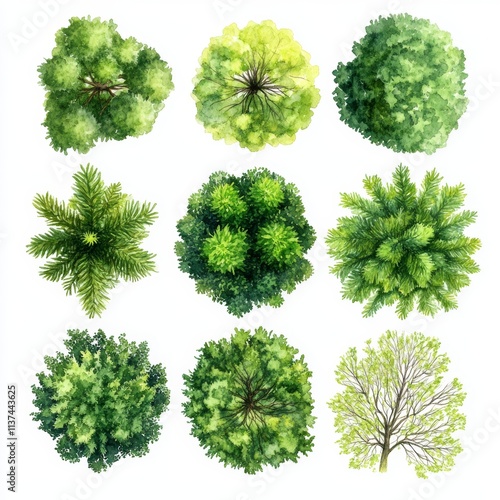 Watercolor illustration of Metasequoia glyptostroboides, Dawn Redwood from top view, isolated on white background, for use in botanical and nature designs Generative AI photo