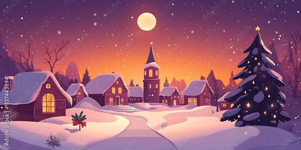 Naklejka premium Charming snow covered village at Christmas time,perfect for festive greeting cards,winter holiday websites