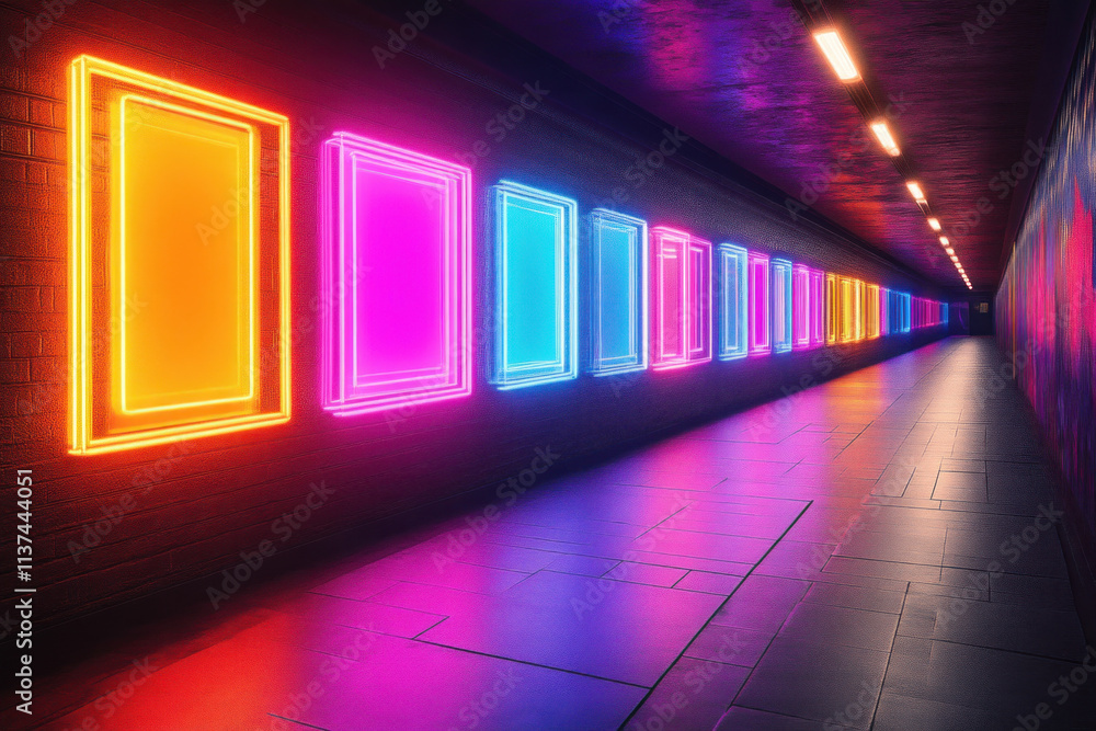 Neon frames in dark tunnel.