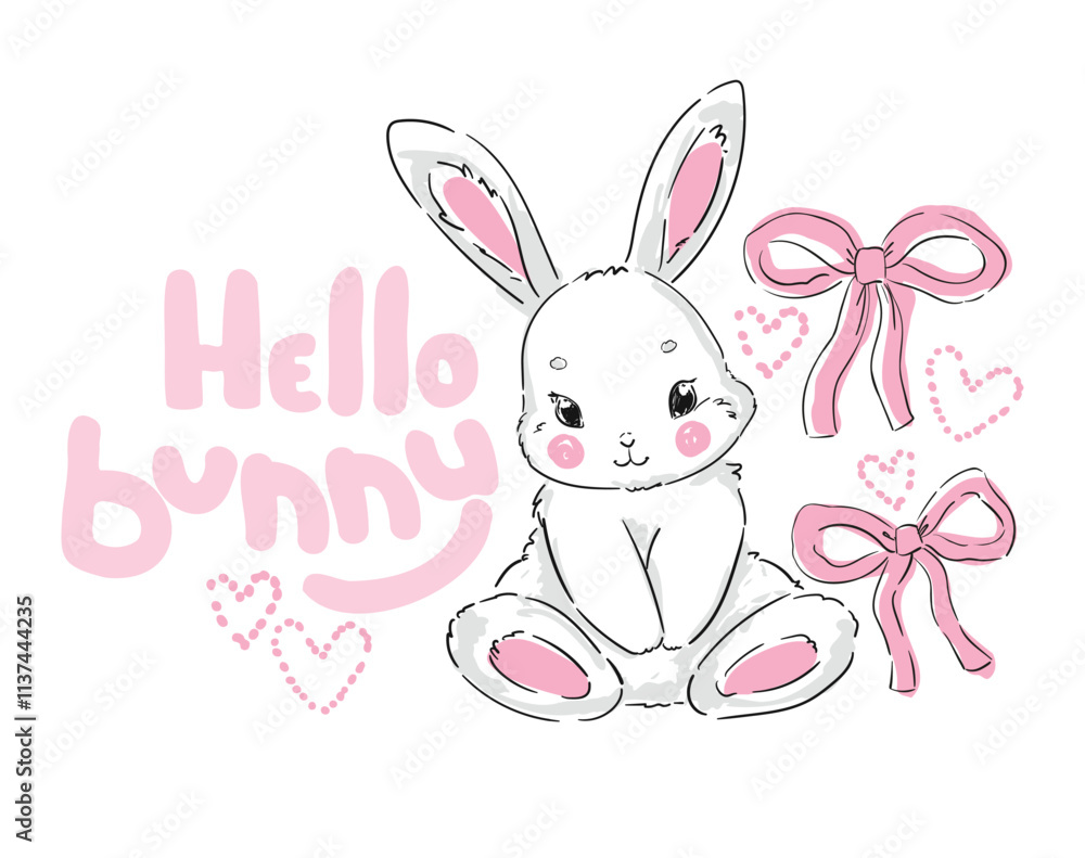 Obraz premium Cute Bunny vector illustration print design rabbit, children print on t-shirt, Hand Drawn 