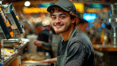 A genial young man working as a cashier in a bustling cafe, his amiable expression and casual attire contributing to the warm and friendly ambiance of the eatery.