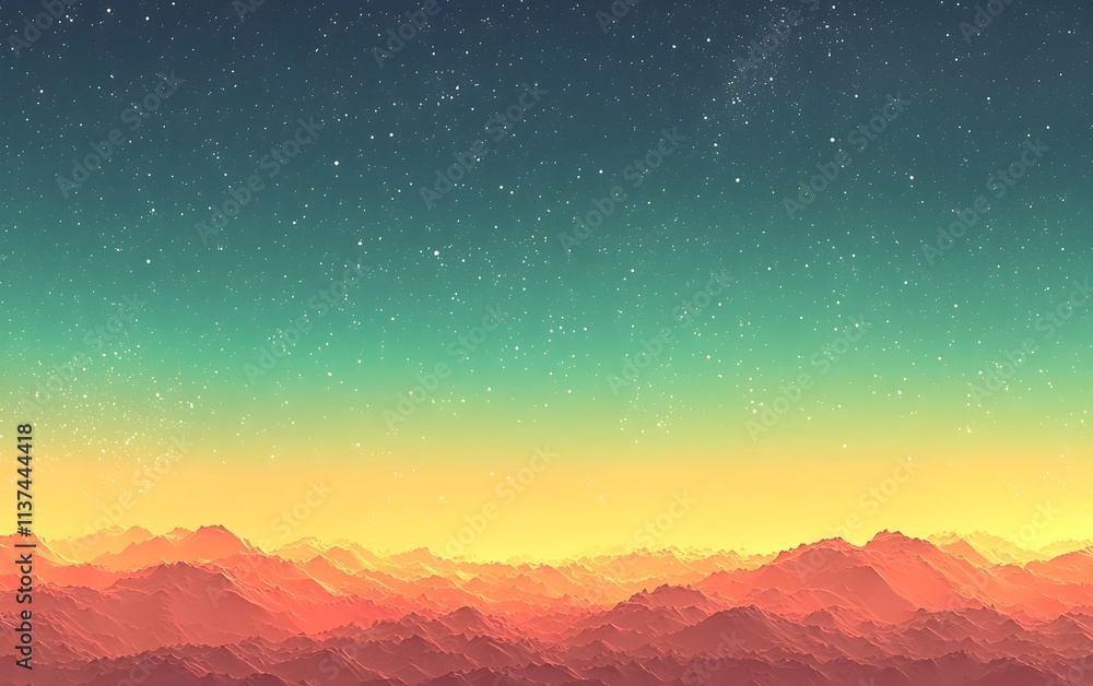 A breathtaking digital landscape showcasing layered mountains beneath a starry night sky, blending vibrant hues of orange and teal, evoking tranquility and awe. A breathtaking digital landscape showcasing layered mountains beneath a starry night sky, blending vibrant hues of orange and teal, evoking tranquility and awe.