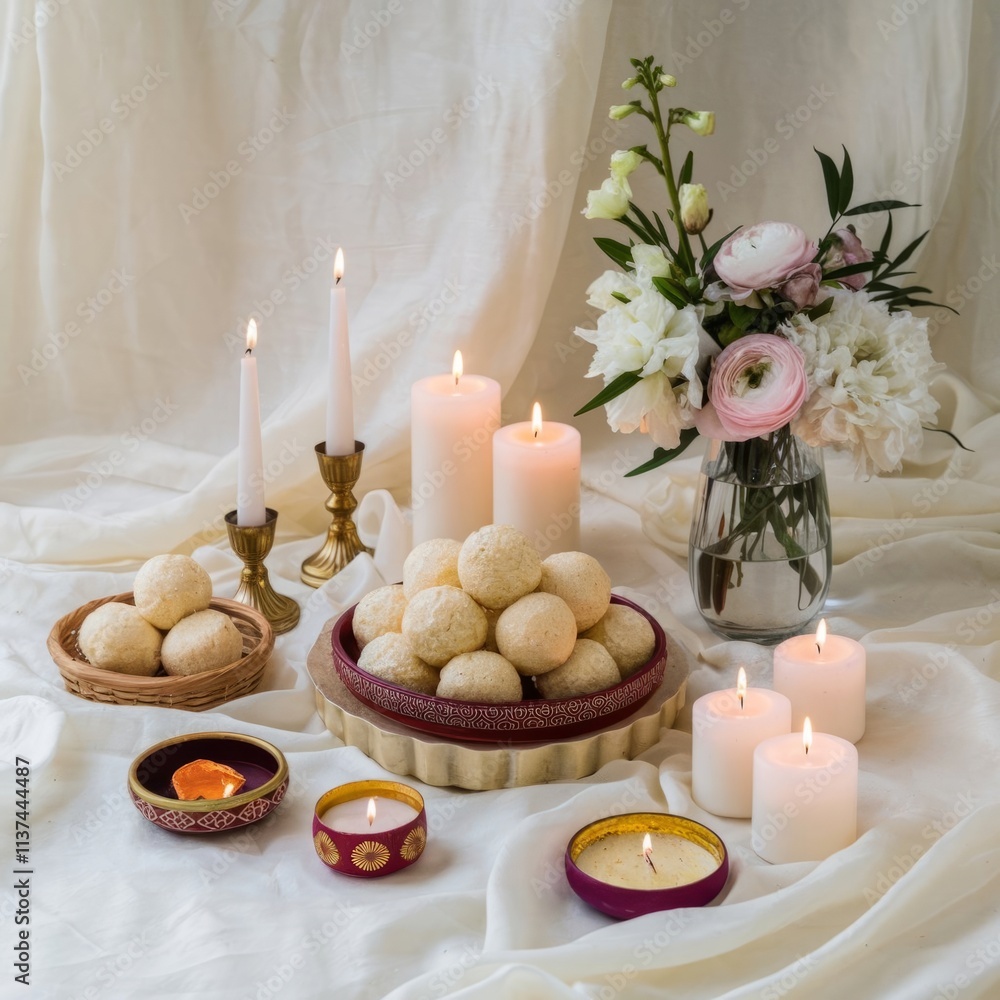 Elegant Candlelit Display with Flowers and Traditional Sweets for Celebratory Decor Elegant Candlelit Display with Flowers and Traditional Sweets for Celebratory Decor