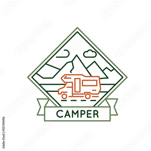 Simple Logo with Camper icon. Simple badge of a travel trailer, ideal for showcasing themes of travel and mobile living. Perfect for use in apps, websites, or print materials. Vector illustration.