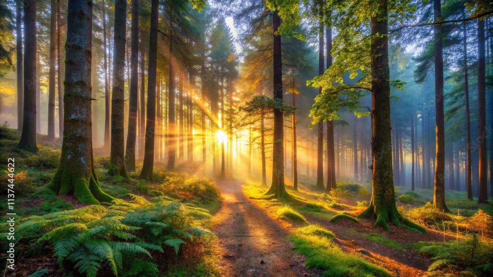 Fototapeta premium Enchanting Dawn Light in a Dense Forest - Low Light Photography, Nature, Tranquil, Early Morning, Forest Scenery, Sunlight, Mist, Serene, Landscape,