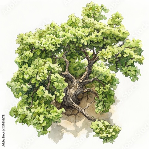 Japanese Zelkova Tree Watercolor Illustration on White Background, ideal for botanical and gardening designs Generative AI photo