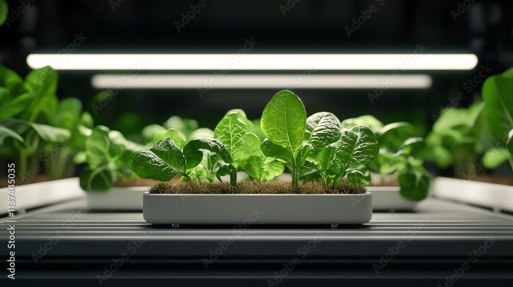 A tray of vibrant lettuce plants grows under artificial lighting, showcasing indoor agriculture and hydroponic cultivation techniques. A tray of vibrant lettuce plants grows under artificial lighting, showcasing indoor agriculture and hydroponic cultivation techniques.