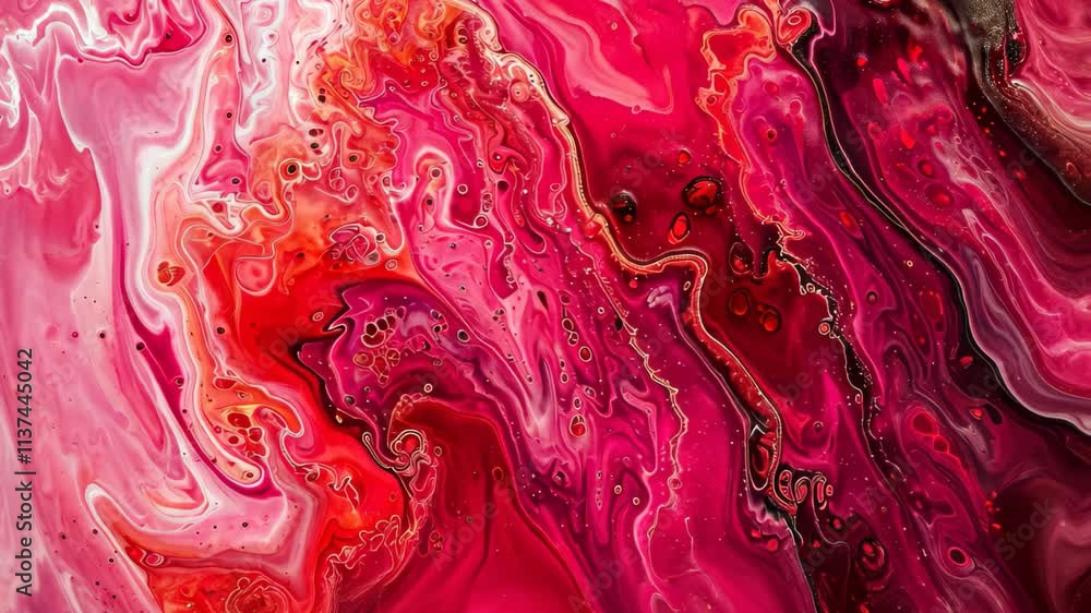 A detailed view of a fluid painting featuring vibrant shades of pink and red blending together in an organic pattern, Abstract art using mix of reds and pinks symbolizing love A detailed view of a fluid painting featuring vibrant shades of pink and red blending together in an organic pattern, Abstract art using mix of reds and pinks symbolizing love