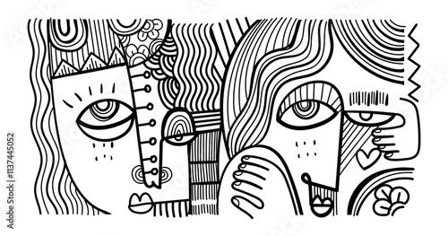 abstract hand drawing face portrait geometric decorative doodle outlines vector illustration. Line art black and white aesthetic design for wall art, prints, cards, decoration, banner and background.