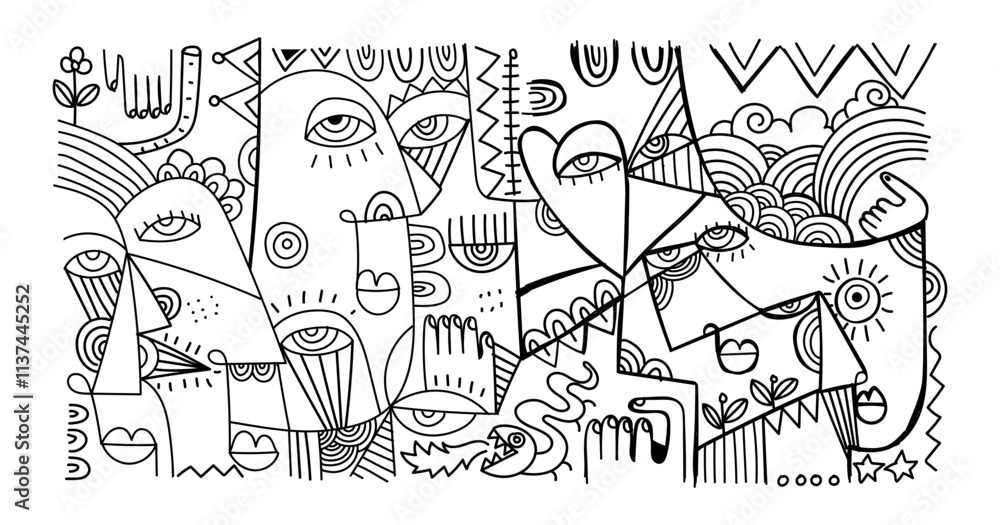 Fototapeta premium abstract hand drawing face portrait geometric decorative doodle outlines vector illustration. Line art black and white aesthetic design for wall art, prints, cards, decoration, banner and background.