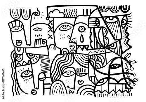 abstract hand drawing face portrait geometric decorative doodle outlines vector illustration. Line art black and white aesthetic design for wall art, prints, cards, decoration, banner and background.