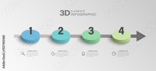 Isometric infographic template  with 4 step, process, option. Colorful 3D circle, tag, button.